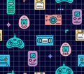 90s gadgets colorful flat line icons.Seamless pattern with joystick,videotape,cell phone, electronic games and other.