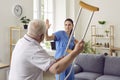 Angry, aggressive senior patient wants to fight and threatens nurse with his crutch