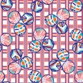 1950s Gingham Summer Floral Polka Dot Seamless Pattern. Pink Red Blue Flower Circle Check Background. Modern Bright Cut Out