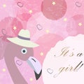 It`s a girl. Baby Girl Birth announcement card, label, greeting, congratulation.Cute Bird announces arrival of baby girl Royalty Free Stock Photo