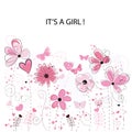 It`s a girl. Baby girl. Baby shower greeting card. Floral greeting card with pink decorative abstract spring flowers