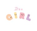 It`s a girl baby shower. Kawaii bold colorful letters. Cute stickers emoticons.