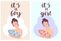 It`s a girl, it`s a boy greeting card. Vector invitation with woman holding cute kids. Baby arrival and shower collection with Royalty Free Stock Photo