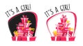 It`s a girl greeting post card or sticker , cartoon wrong perspective minimal flat style. running car full of presents , gifts sta