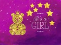 It`s a Girl Illustration with Sparkle Gold Bear on Dreamy Night Purple Background with Stars