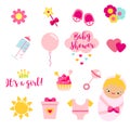 It`s a girl set in pink colors. Rattle, herat, text and other vector icons for baby shower and other nursery and newborn design Royalty Free Stock Photo