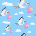 It's a Girl Stork Flying Seamless Pattern