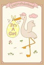 It`s A Girl Stork Special Delivery. Baby Shower Announcement Card. Vector Illustration.