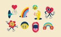 70's groovy illustrations for the posters, cards or stickers with hippie cute colorful funky character concepts of