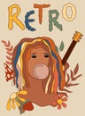 70s groovy posters, Colorful retro girl with guitar, flowers, leaves, mushroom and Retro lettering. Vintage hippy style