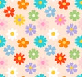70s groovy seamless pattern with flowers. Colorful print with vintage cartoon hippie flower petals. Vector illustration
