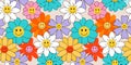 70s groovy seamless pattern with smiling flowers. Colorful psychedelic summer design vector illustration