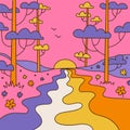 90s groovy square poster. Cartoon psychedelic retro style. Bright hippie landscape and retro floral elements. Trip