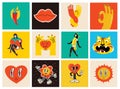 70's groovy square posters, cards or stickers. Retro print with hippie cute colorful funky character concepts of