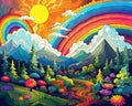 The 70s Hippie Clouds Rnbows sun mountns are a colorful landscape cartoon style wallpaper.