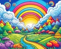 The 70s Hippie Clouds Rnbows sun mountns are a colorful landscape cartoon style wallpaper.