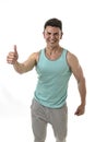 40s hispanic sport man and bodybuilder smiling happy corporate pose giving thumb up Royalty Free Stock Photo