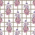 1950s housewife fashion outfit seamless vector pattern. Hand drawn loose lineart style of retro fifties vintage woman with gingham