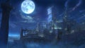 Anime Screenshot Illustration of a Medieval Magical Castle under a Full Moon