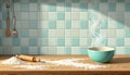 a 1950s inspired of a kitchen countertop with a mixing bowl, rolling pin, and flour scattered Royalty Free Stock Photo