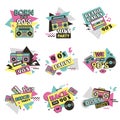 90s labels. Vintage fashioned labels for clothes retro style elements of pop music of 80s musical boombox radio recent