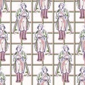 1950s ladies fashion outfit seamless vector pattern. Hand drawn loose lineart style of retro fifties vintage woman with plaid