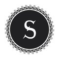 S letter in circle frame in floral ornament style on black color and white background