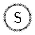 S letter in circle frame in floral ornament style on black color and white background