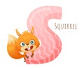 S letter and cute squirrel baby animal. Zoo alphabet for children education, home or kindergarten decor cartoon vector