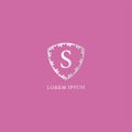 S Letter Intial logo design template. Luxury silver decorative floral shield illustration. Isolated on pink color background.