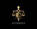 S Letter Law Logo design with golden sword, shield, wreath symbol vector design. Perfect for for law firm, company, lawyer or Royalty Free Stock Photo