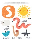 S letter objects and animals including sheep, sun, snake, shark, star, saxophone.