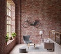 3D Rendering Industrail style living room ,big window ,lamp gray couch and chair, wooden floor, bicycle on the red brick wall Royalty Free Stock Photo