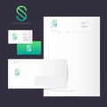 S logo and identity. S green monogram isolated, on dark background. Corporate style, envelope, letterhead, business card.