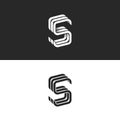 S logo monogram mockup, isometric geometric shape linked letters SSS emblem wedding card initial, black and white thin line offset