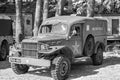 Front and side on view of military police truck on show at an annual forties fayre Royalty Free Stock Photo