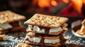 S\'mores with melted marshmallow and chocolate between graham crackers. Traditional sweet snack in US and Canada