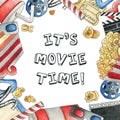 It`s movie time Watercolor hand drawn illustrations for cinema topic in cartoon style. Frame made of movie watching equipment.