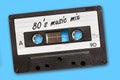 80`s music mix written on vintage audio cassette tape, blue background Royalty Free Stock Photo