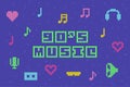 90s music text banner, retro style poster, bright pixeled letters on violet background, nineties editable invitation