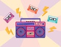 1990s music. Vibrant boombox and tapes isolated. Audio recorder retro device from 80s 90s. Flat vector illustration of colorful