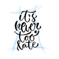 It`s never too late. Vector hand lettering. Modern inspirational hand lettered quote. Printable calligraphy phrase. T