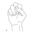 S is the nineteenth letter of the alphabet in sign language. Gesture in the form of a fist. Black and white drawing of a