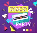80s party background. Retro dance radio with disco cassette, memphis art music poster, funky audio dj. Bright square Royalty Free Stock Photo