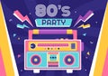 80s Party Cartoon Background Illustration with Retro Music, 1980 Radio Cassette Player and Disco in Old Style Design Royalty Free Stock Photo