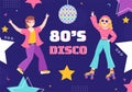 80s Party Cartoon Background Illustration with Retro Music, 1980 Radio Cassette Player and Some People Dancing Disco in Old Style