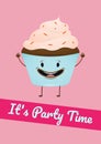 It\'s party time text on pink band with smiling cupcake on pink background