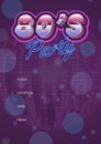 80\'s party written in shiny numbers and blue letters, invite with details space on purple background