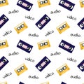 90s pattern. Retro seamless background with video and audio tapes. VHS cassettes. Vector flat illustration for designs, backdrop, Royalty Free Stock Photo