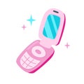 90s 00s pink glamorous flip mobile phone illustration in flat cartoon style Royalty Free Stock Photo